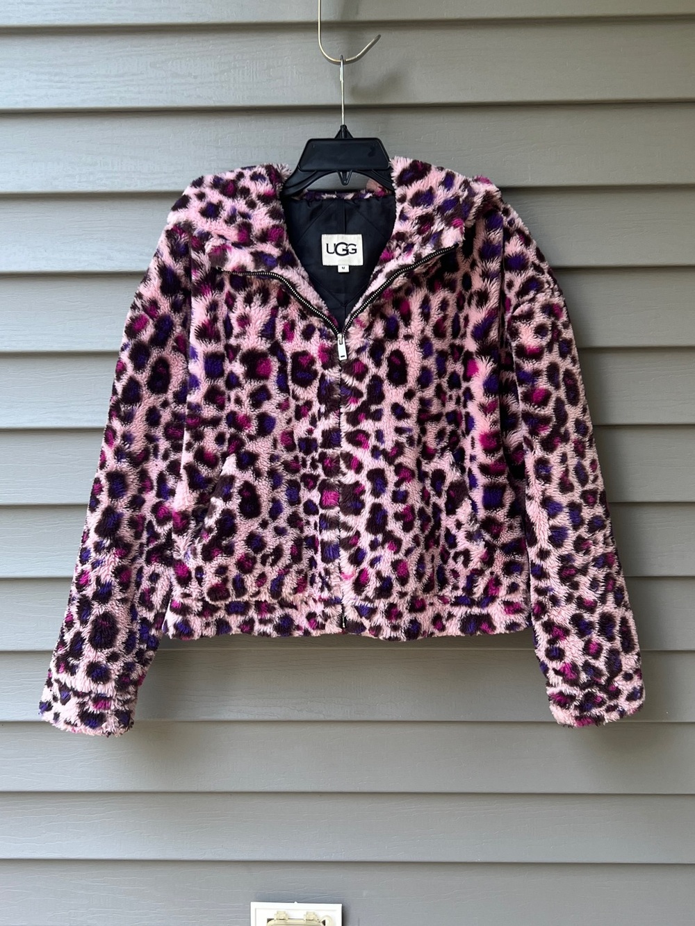 UGG Mandy Leopard Faux Fur Hooded Jacket Pink Women’s M